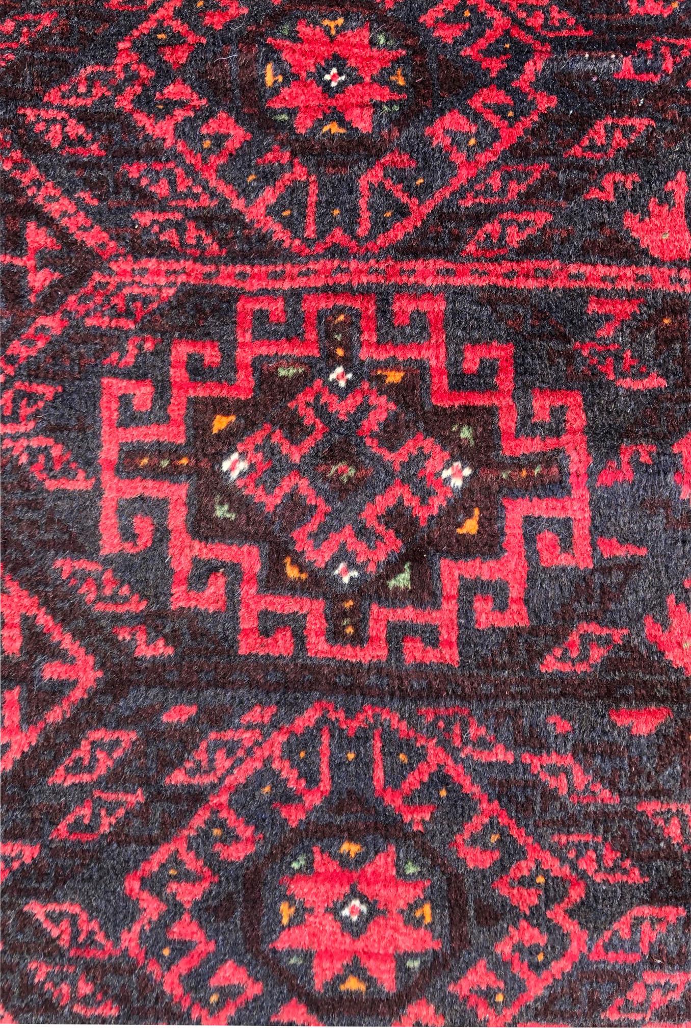 Tribal Authentic Persian Hand Knotted Geometric All-Over Red Black Baluchi Rug, 1960 For Sale