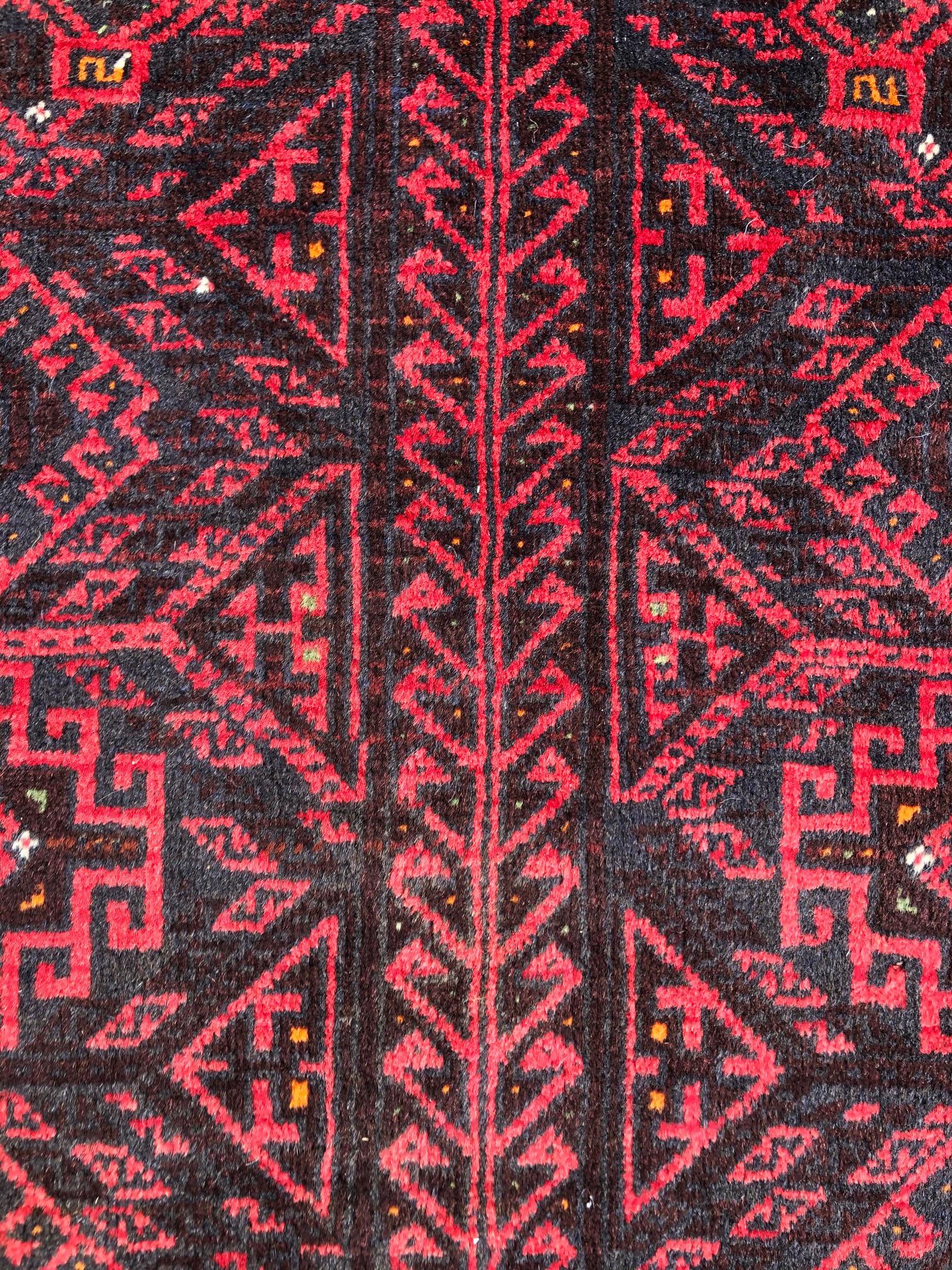 Hand-Knotted Authentic Persian Hand Knotted Geometric All-Over Red Black Baluchi Rug, 1960 For Sale