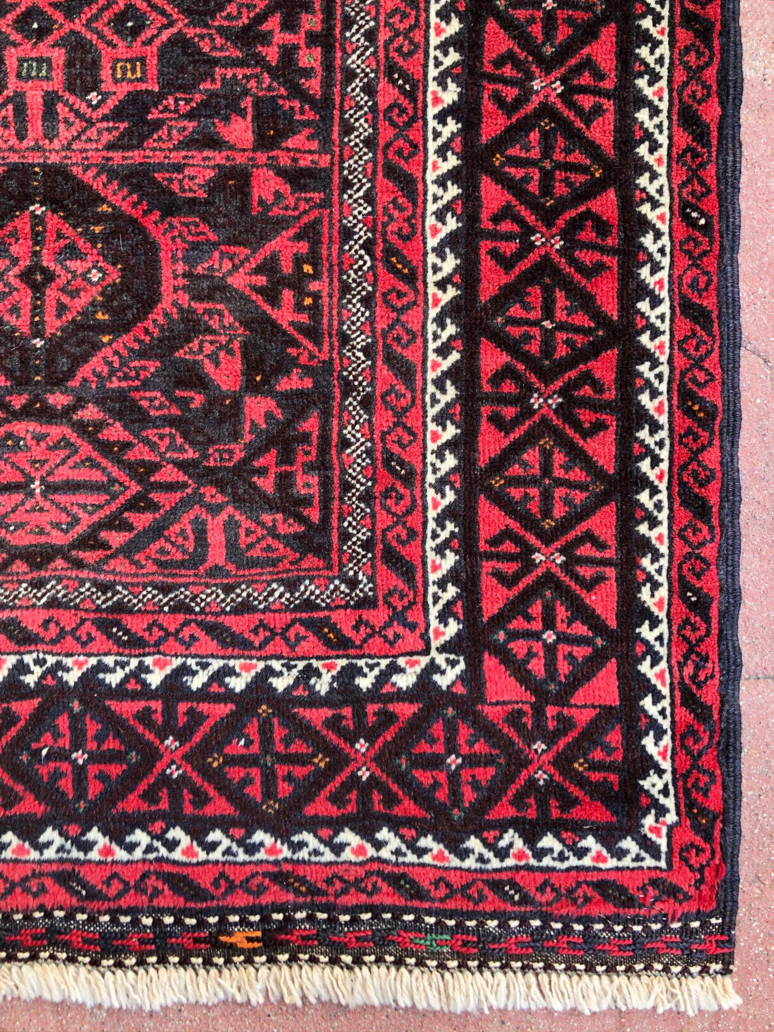 Authentic Persian Hand Knotted Geometric All-Over Red Black Baluchi Rug, 1960 In Good Condition For Sale In San Diego, CA