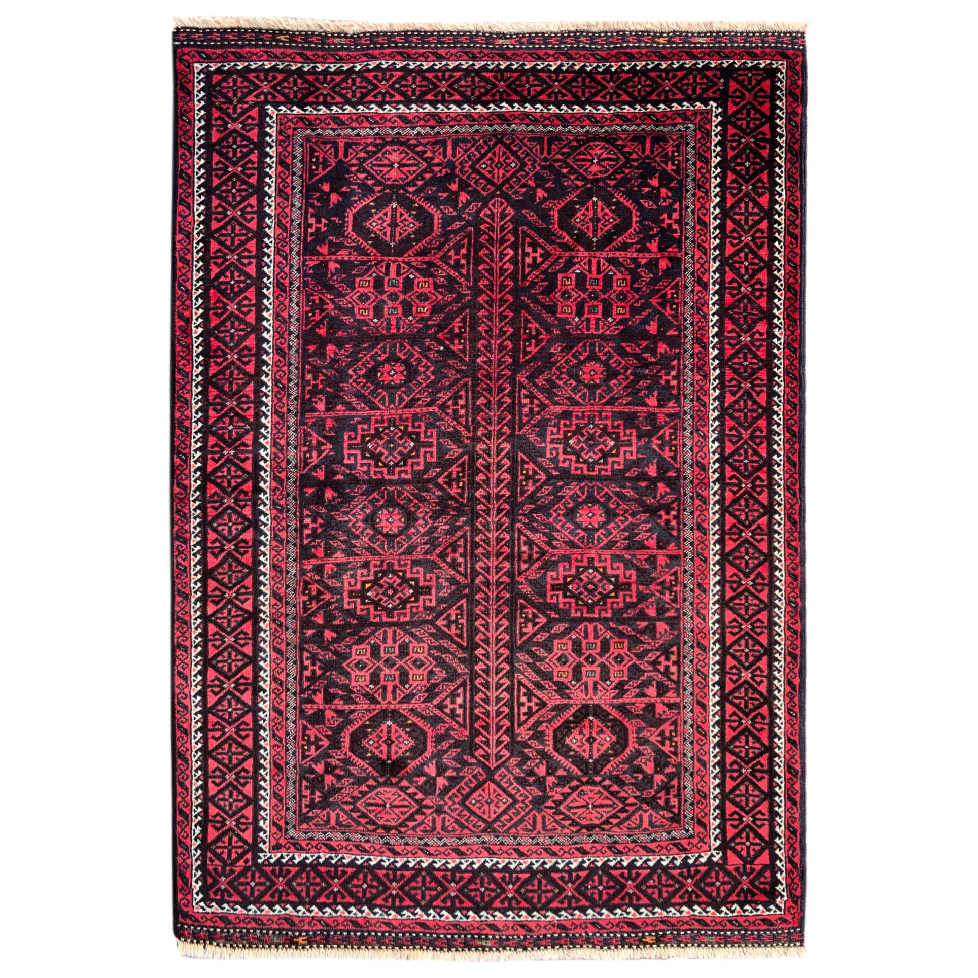 Authentique tapis persan noué à la main:: géométrique:: rouge noir Baluchi:: 1960 en vente
