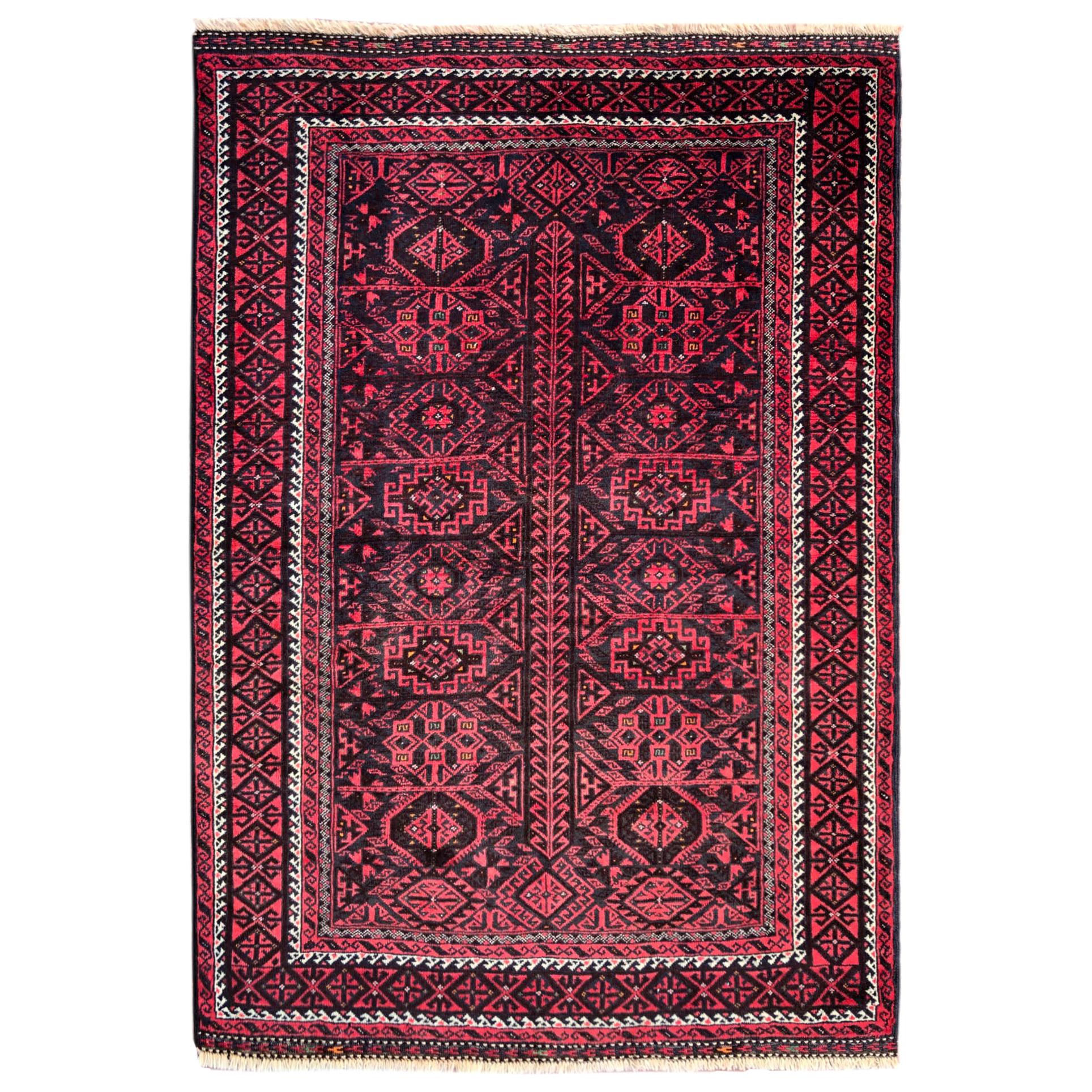 Authentique tapis persan noué à la main:: géométrique:: rouge noir Baluchi:: 1960