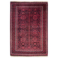 Authentic Persian Hand Knotted Geometric All-Over Red Black Baluchi Rug, 1960