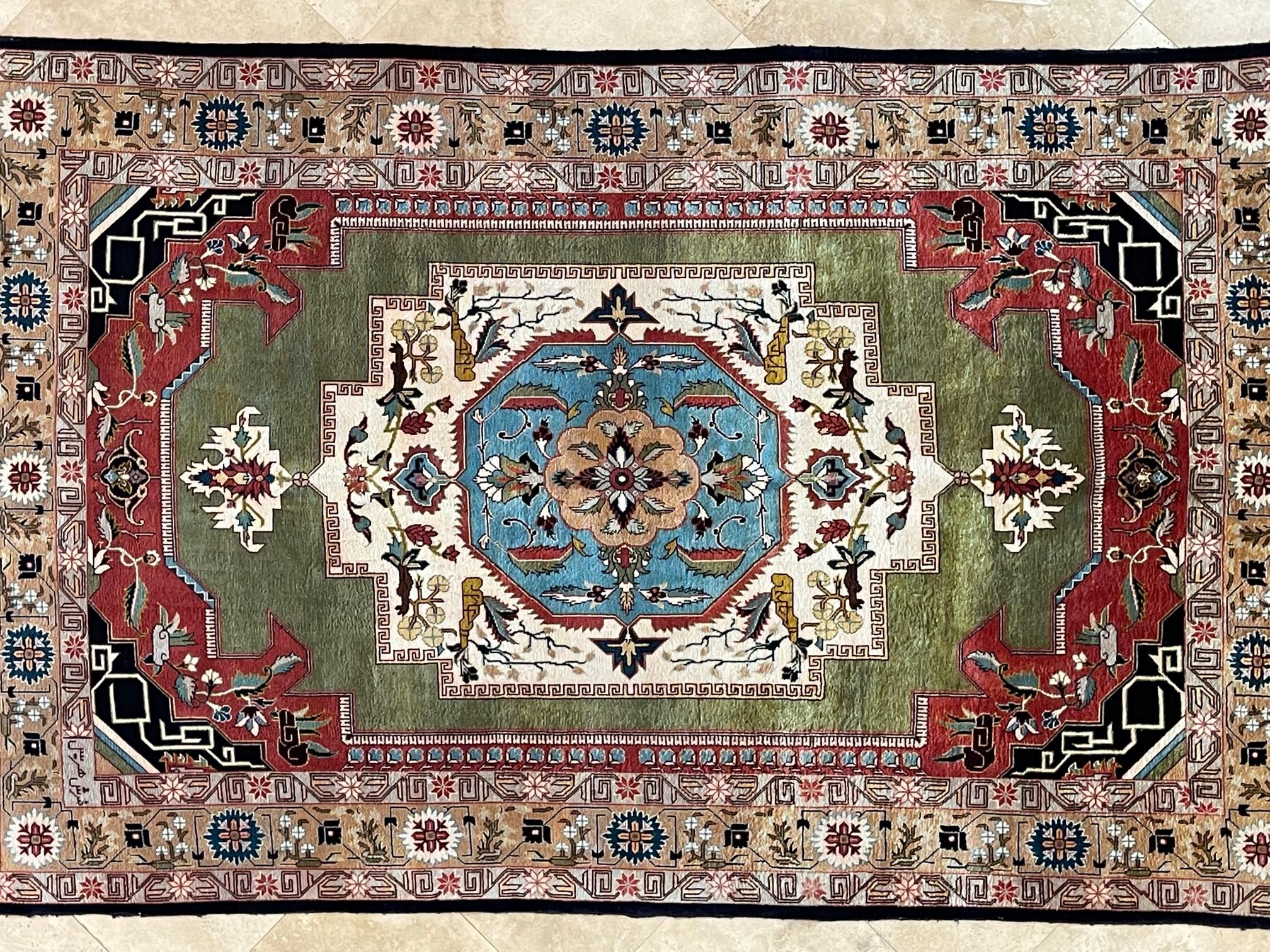 Authentic Persian Hand Knotted Green Geometric Heriz Rug For Sale 6
