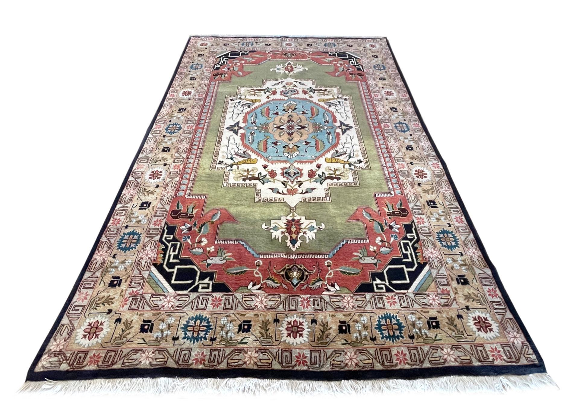 Late 20th Century Authentic Persian Hand Knotted Green Geometric Heriz Rug For Sale