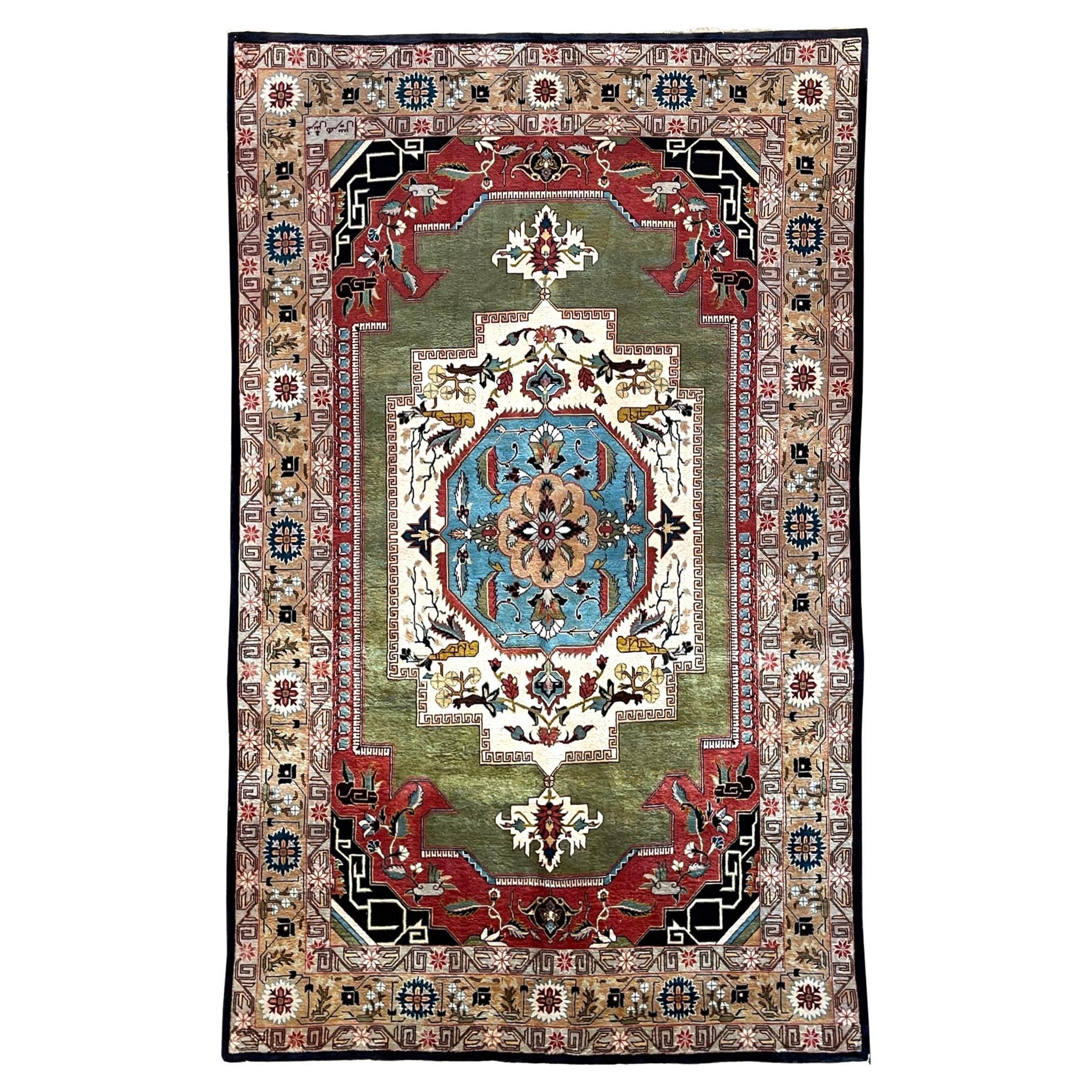 Authentic Persian Hand Knotted Green Geometric Heriz Rug