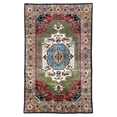 Vintage Authentic Persian Hand Knotted Green Geometric Heriz Rug