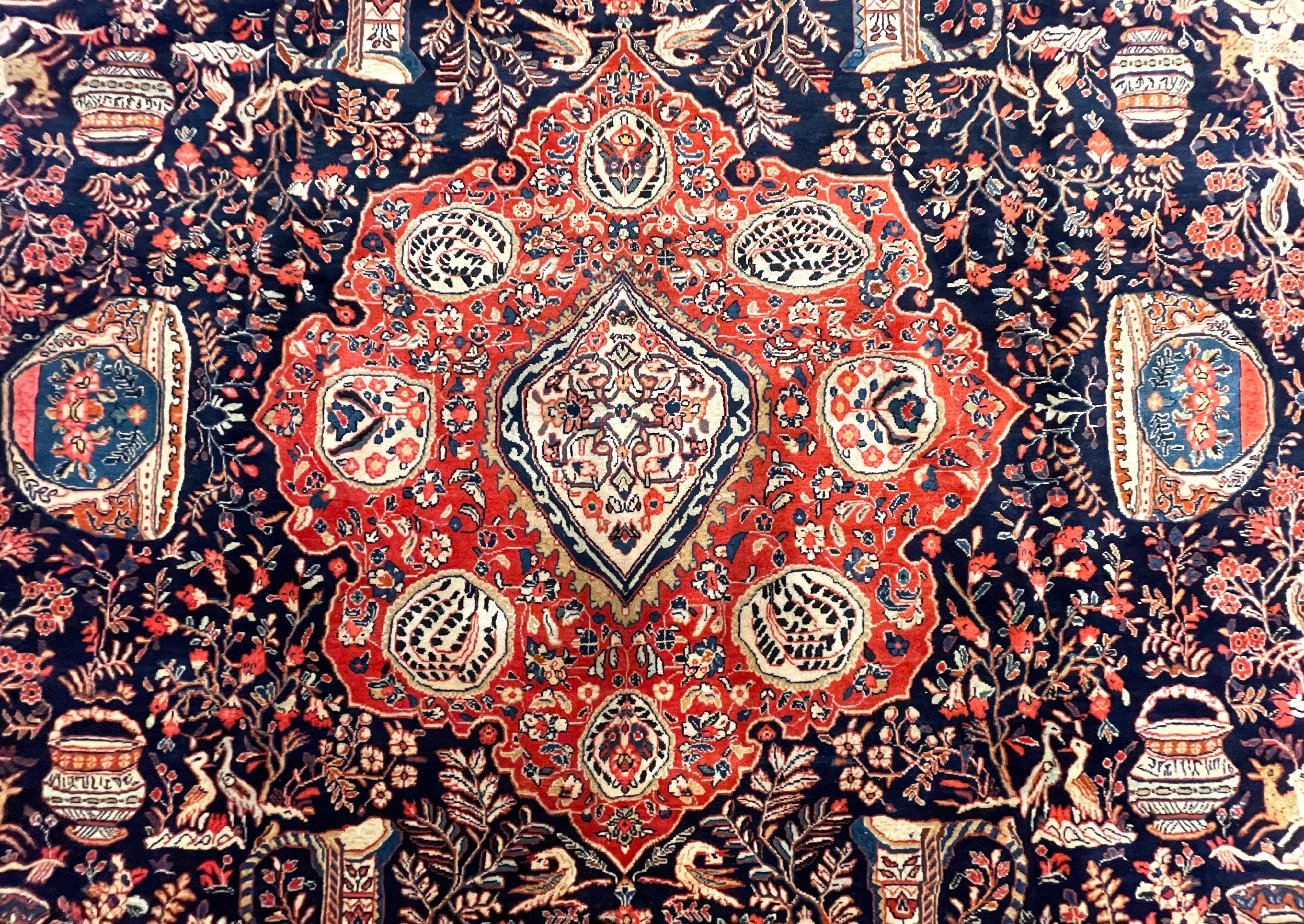 Authentischer Persischer Handgeknüpfter Medaillon Blauer Sarouk-Teppich (Mitte des 20. Jahrhunderts) im Angebot