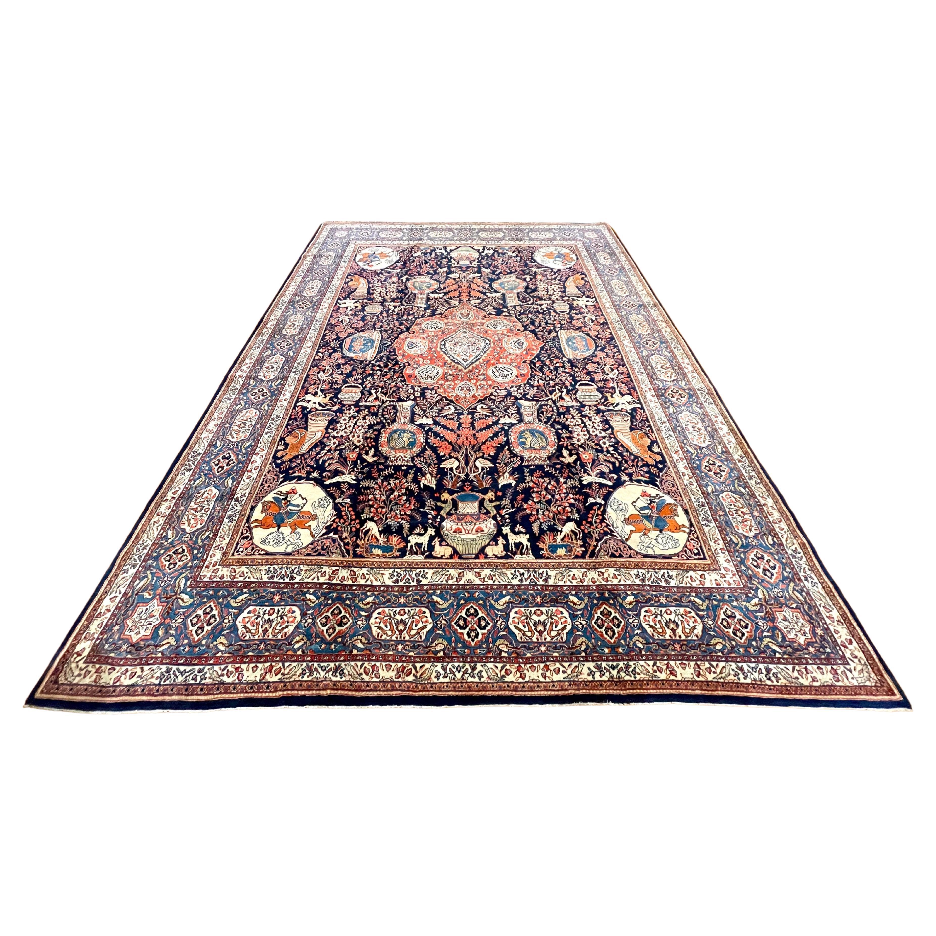 Authentischer Persischer Handgeknüpfter Medaillon Blauer Sarouk-Teppich