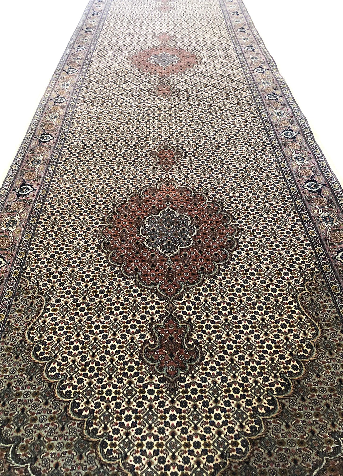 Hand-Knotted Authentic Persian Hand Knotted Medallion Cream Fish Design Tabriz Runner Rug For Sale