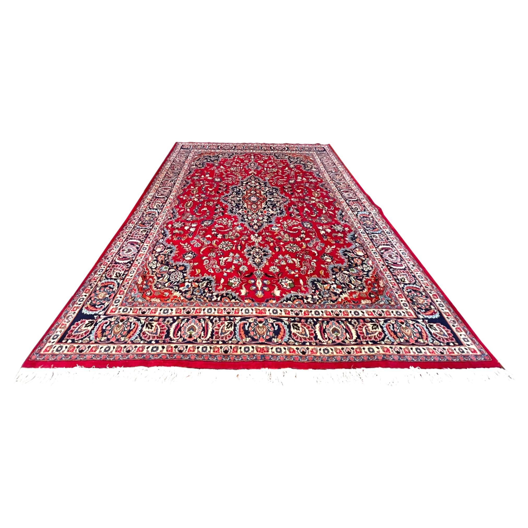 Authentic Persian Hand Knotted Medallion Floral Red Blue Mashad Rug, Circa 1960