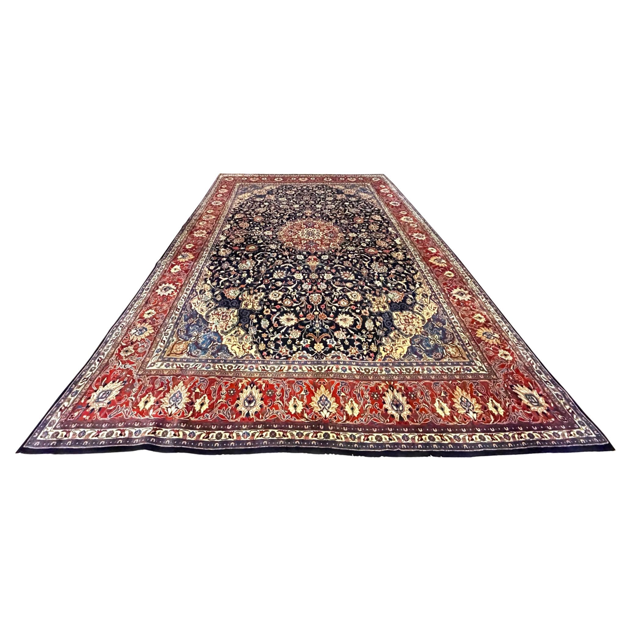 Authentic Persian Hand Knotted Medallion Floral Red Blue Sarouk Rug, circa 1970