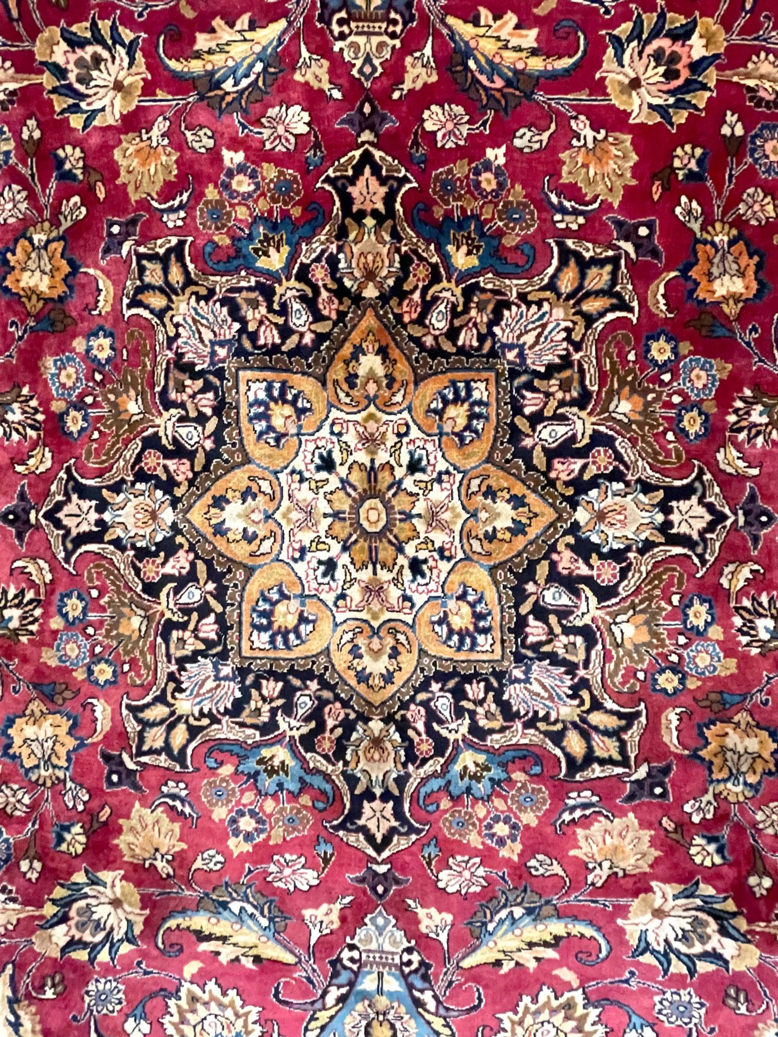 Hand-Knotted Authentic Persian Hand Knotted Medallion Floral Red Mashad Rug, Circa 1960 For Sale
