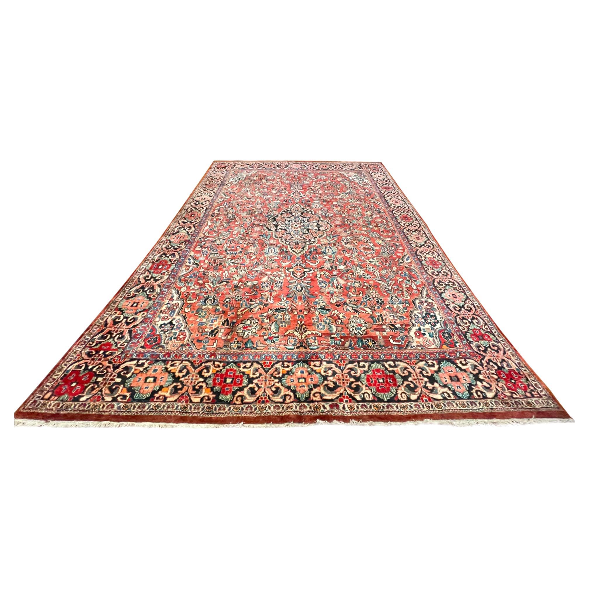 Authentique tapis persan Sarouk Mahal rouge à fleurs noué à la main, vers 1960 en vente