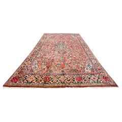 Vintage Authentic Persian Hand Knotted Medallion Floral Red Sarouk Mahal Rug, Circa 1960