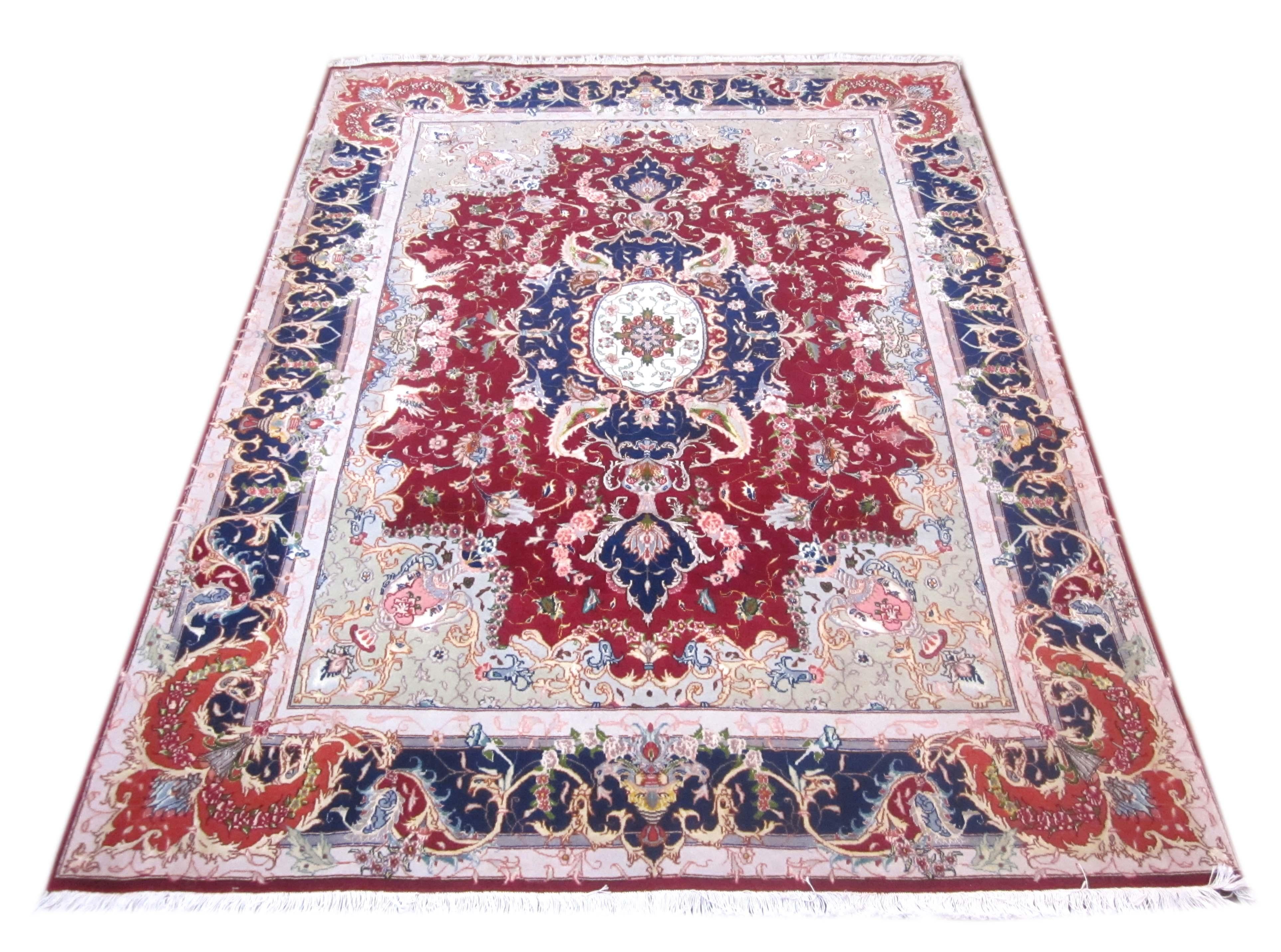 Perse Authentique tapis persan de Tabriz rouge médaillon à fleurs noué à la main en vente