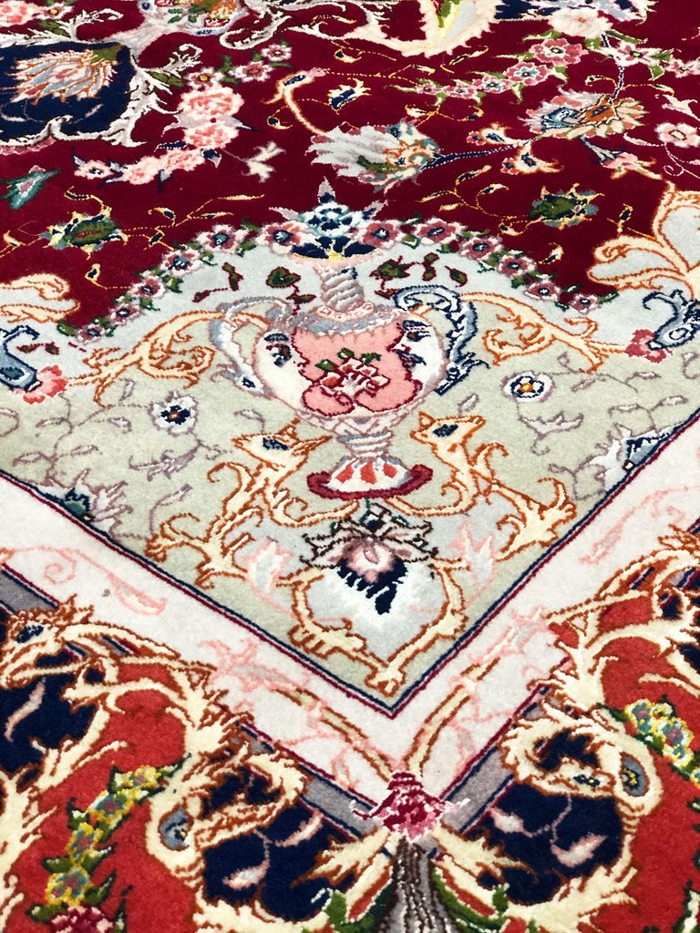 Authentic Persian Hand Knotted Medallion Floral Red Tabriz Rug For Sale