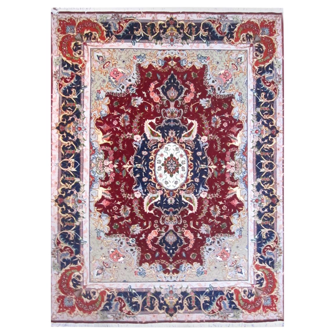 Authentique tapis persan de Tabriz rouge médaillon à fleurs noué à la main en vente