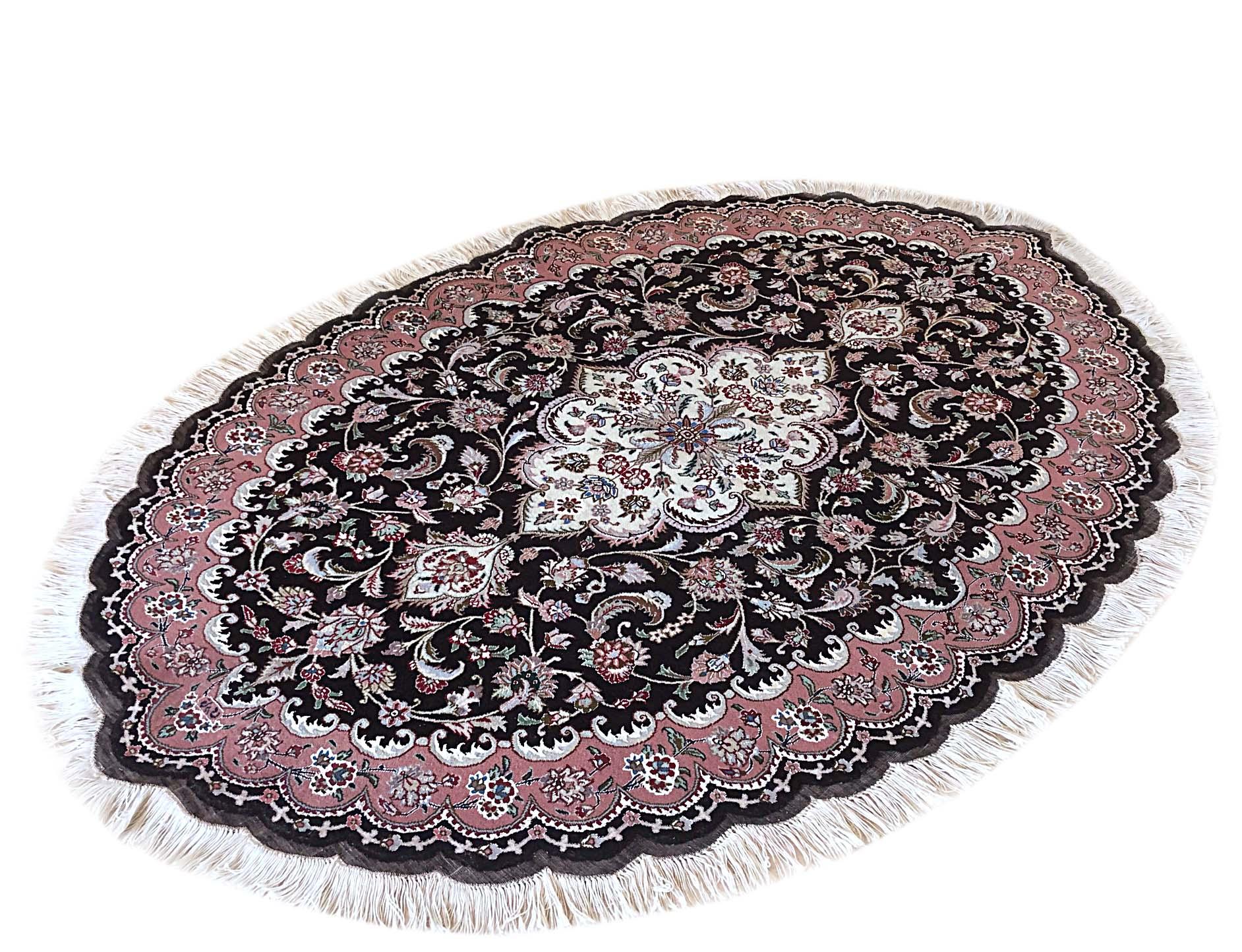 Authentic Persian Hand Knotted Medallion Floral Tabriz Black Oval Rug 1