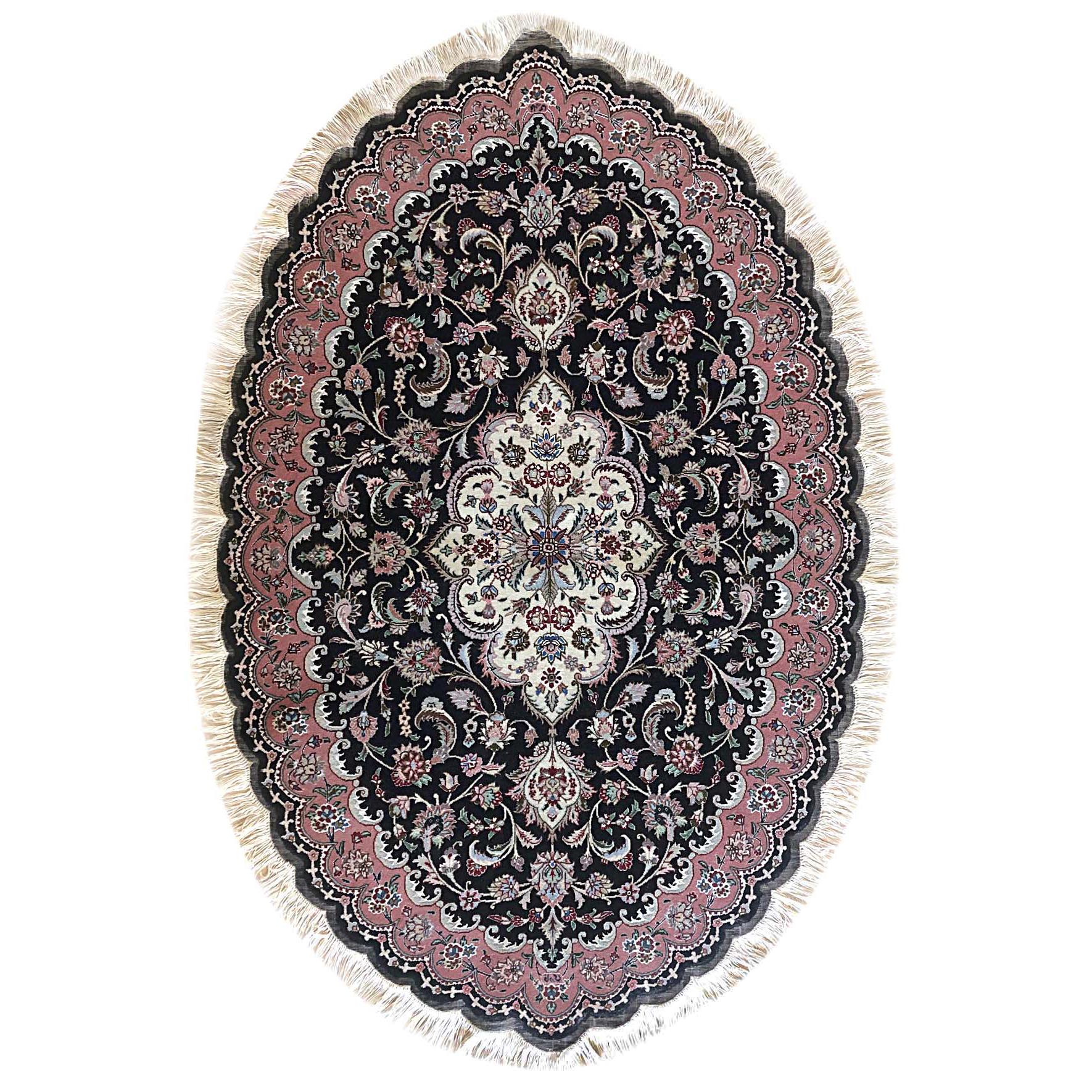 Authentic Persian Hand Knotted Medallion Floral Tabriz Black Oval Rug