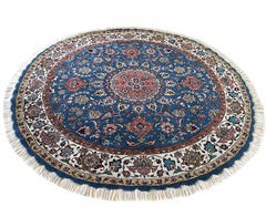 Authentic Persian Hand Knotted Medallion Floral Tabriz Blue Round Rug