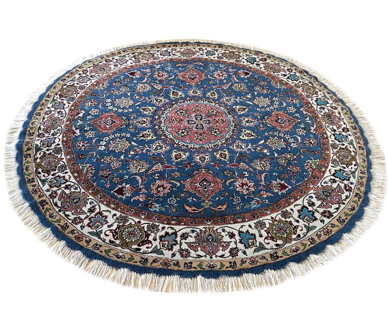 Authentic Persian Hand Knotted Medallion Floral Tabriz Blue Round Rug
