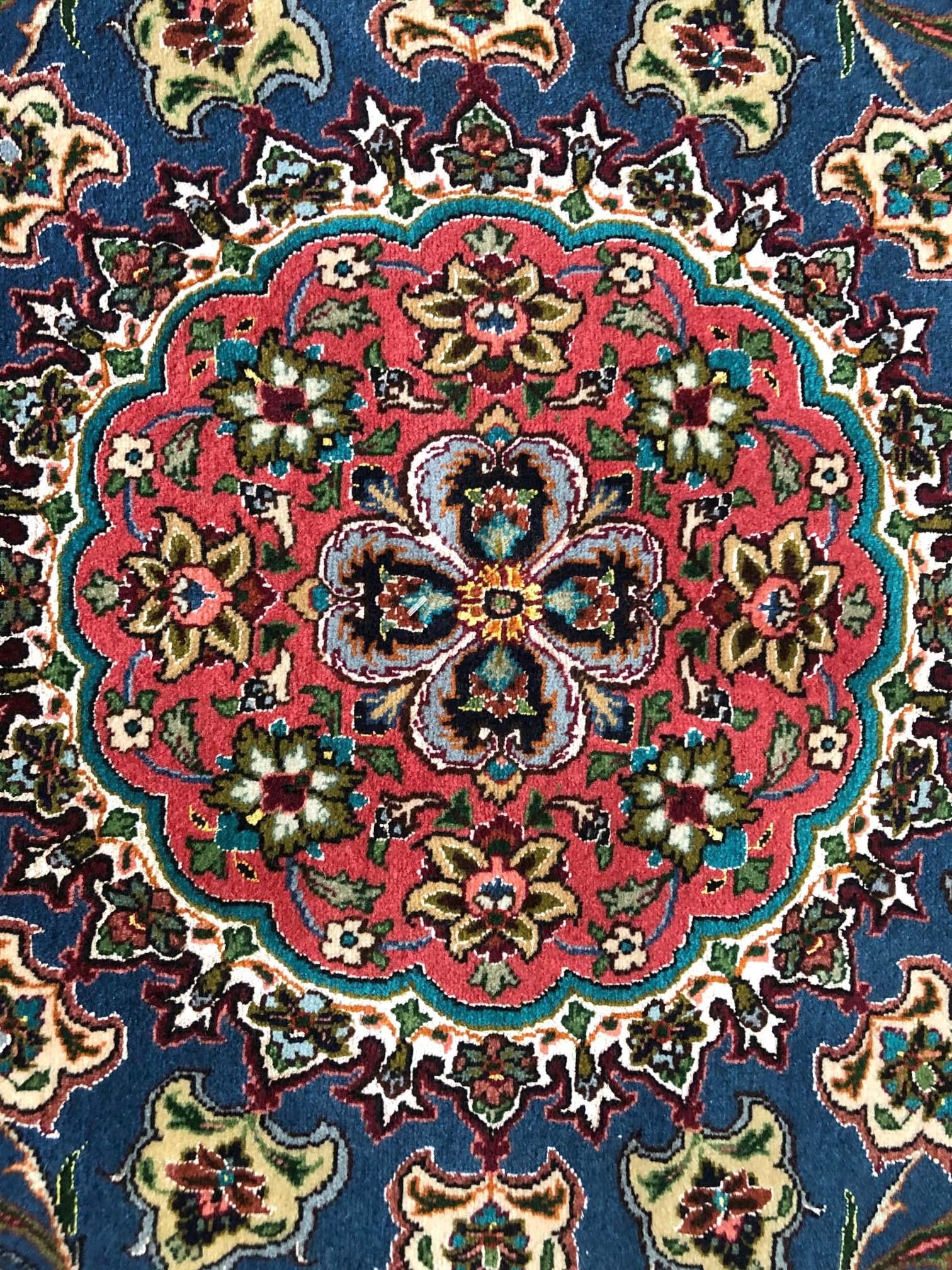 Hand-Knotted Authentic Persian Hand Knotted Medallion Floral Tabriz Blue Round Rug For Sale