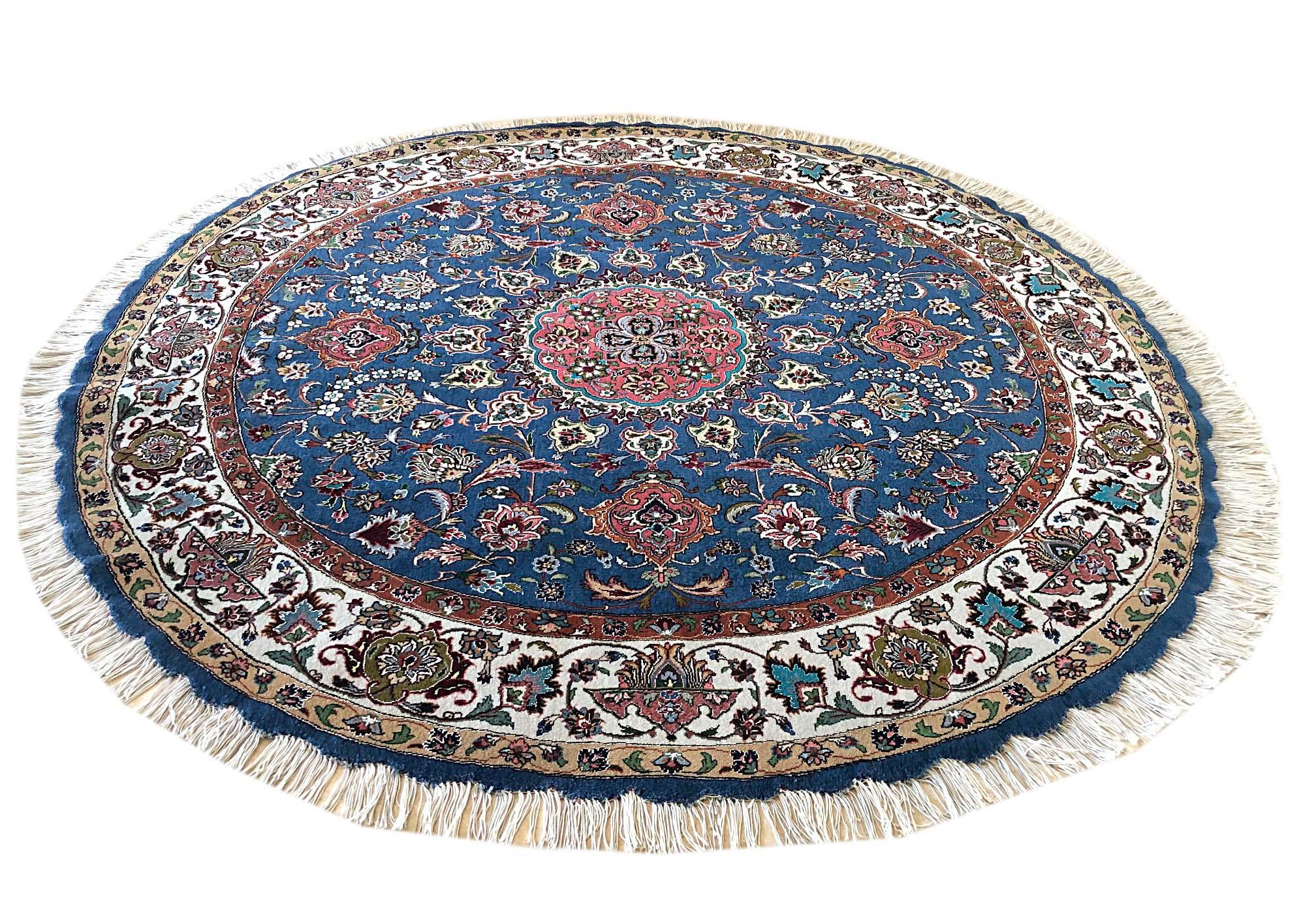 Wool Authentic Persian Hand Knotted Medallion Floral Tabriz Blue Round Rug For Sale