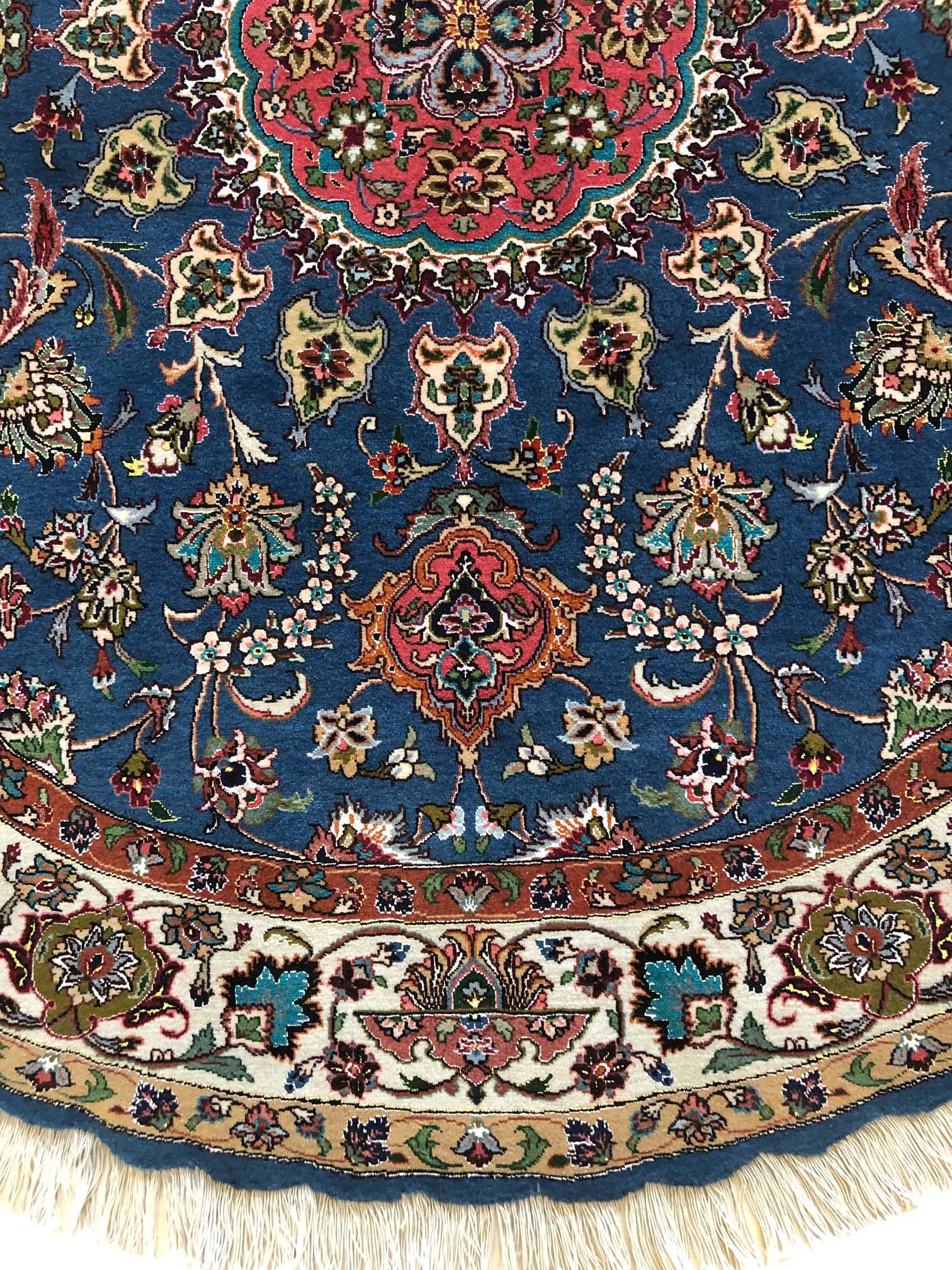 Authentic Persian Hand Knotted Medallion Floral Tabriz Blue Round Rug For Sale 3