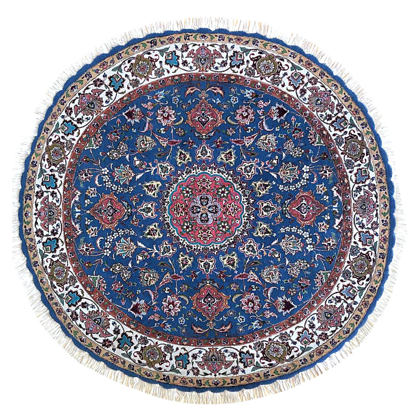 Authentique tapis persan rond bleu Tabriz noué à la main avec médaillon floral et médaillon