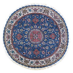 Authentique tapis persan rond bleu Tabriz noué à la main avec médaillon floral et médaillon