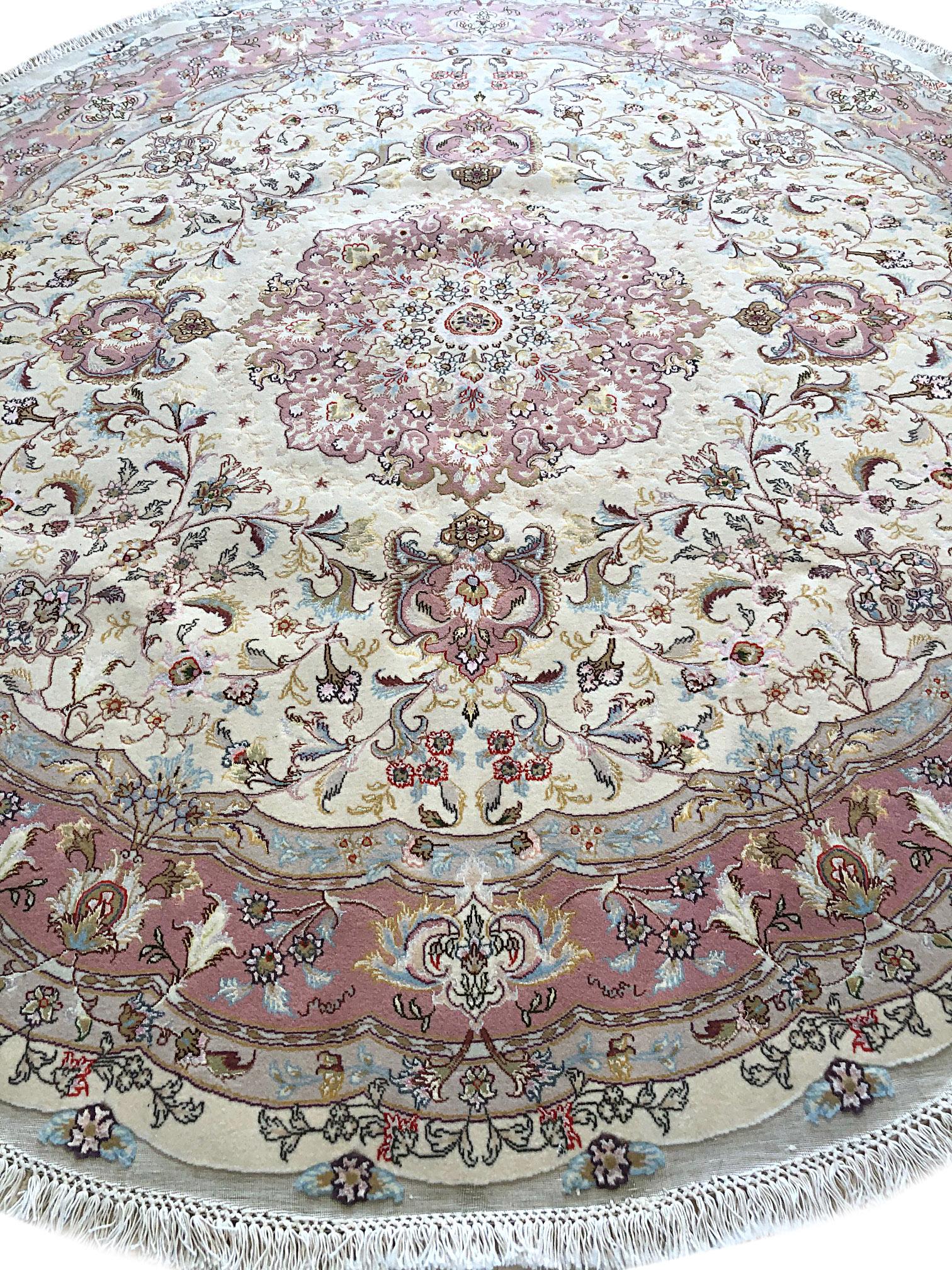 Authentic Persian Hand Knotted Medallion Floral Tabriz Cream Round Shape Rug For Sale 7