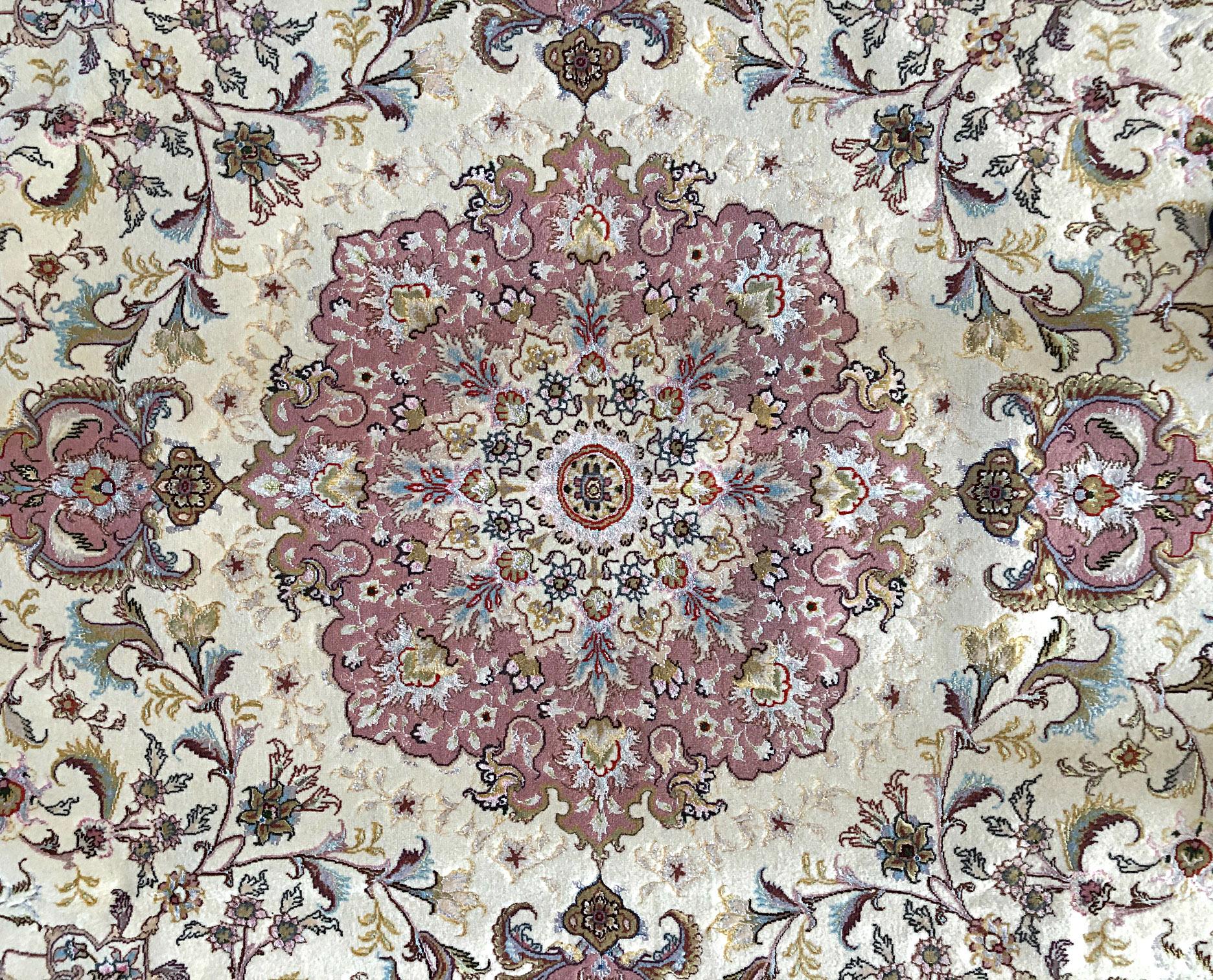 Contemporary Authentic Persian Hand Knotted Medallion Floral Tabriz Cream Round Shape Rug For Sale