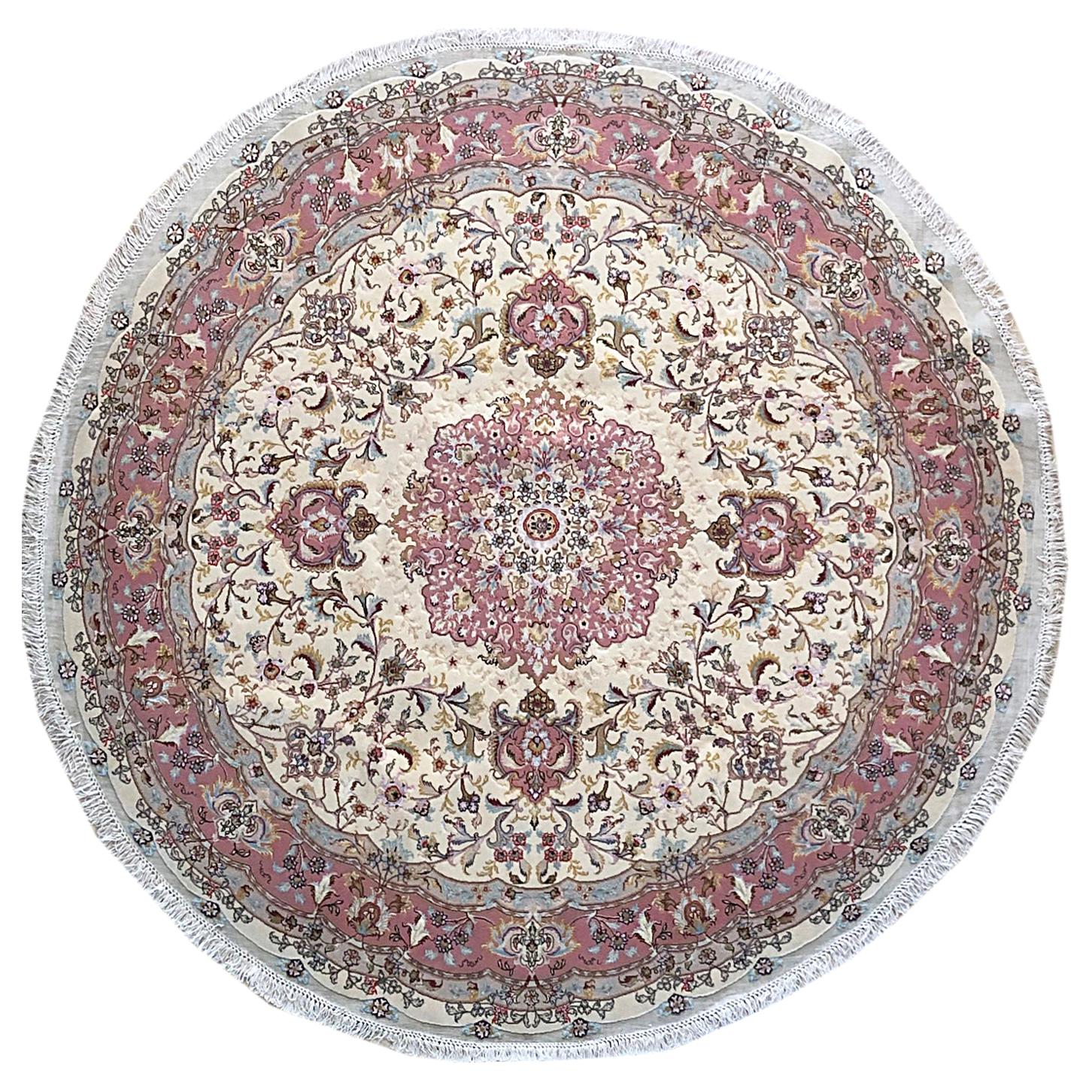 Authentic Persian Hand Knotted Medallion Floral Tabriz Cream Round Shape Rug