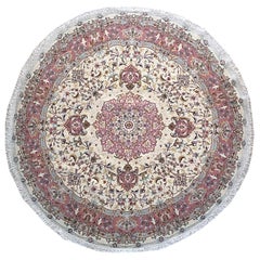 Authentic Persian Hand Knotted Medallion Floral Tabriz Cream Round Shape Rug