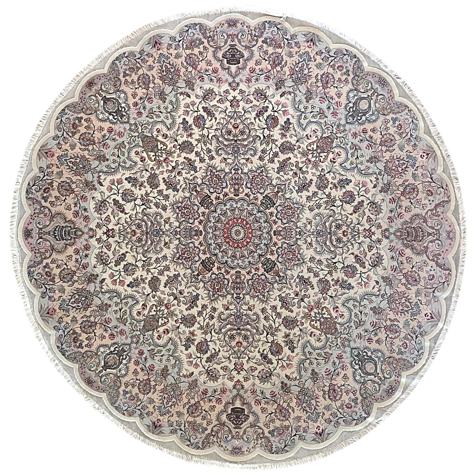 Authentique tapis persan de Tabriz rond noué à la main avec médaillon floral