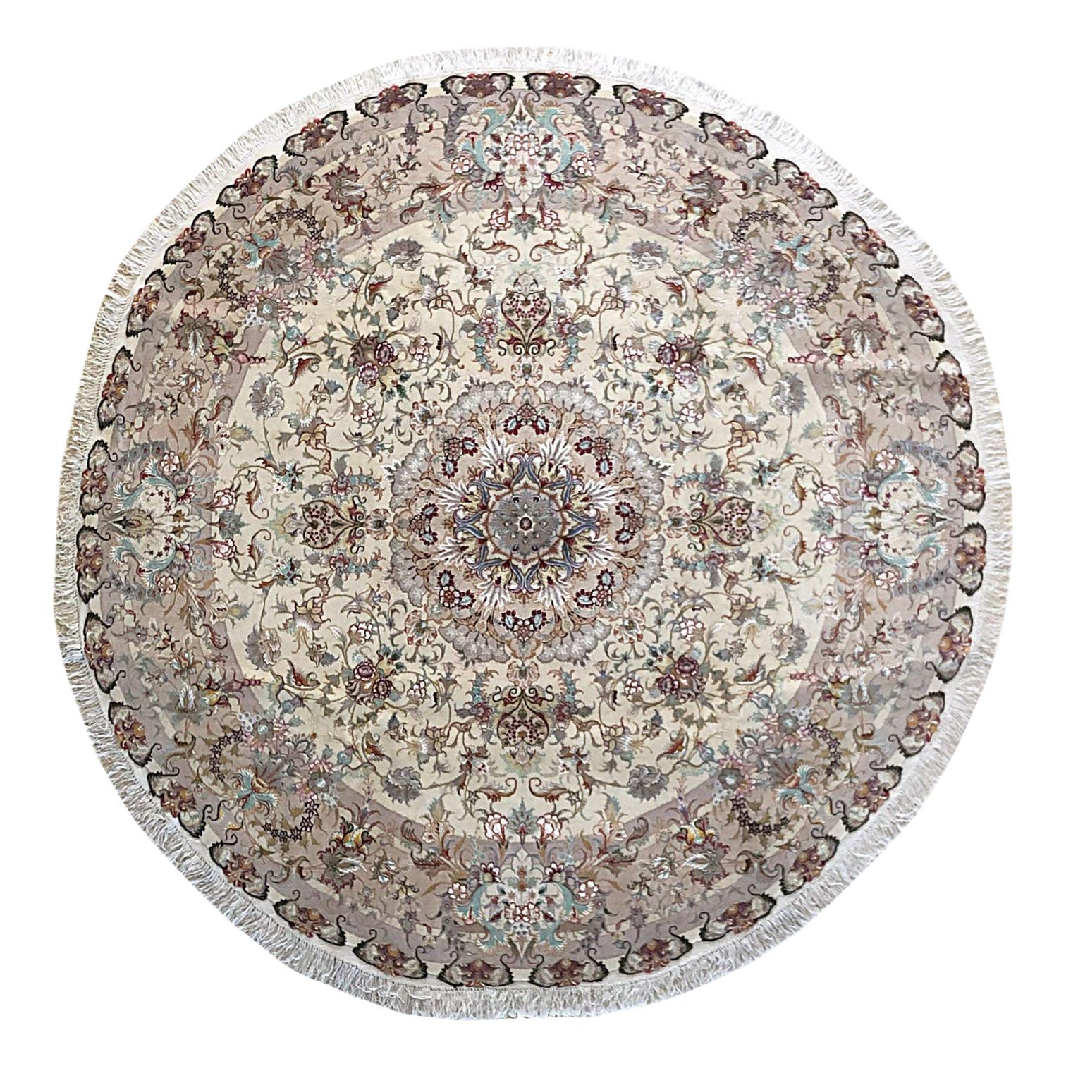 Authentic Persian Hand Knotted Medallion Floral Tabriz Round Rug For