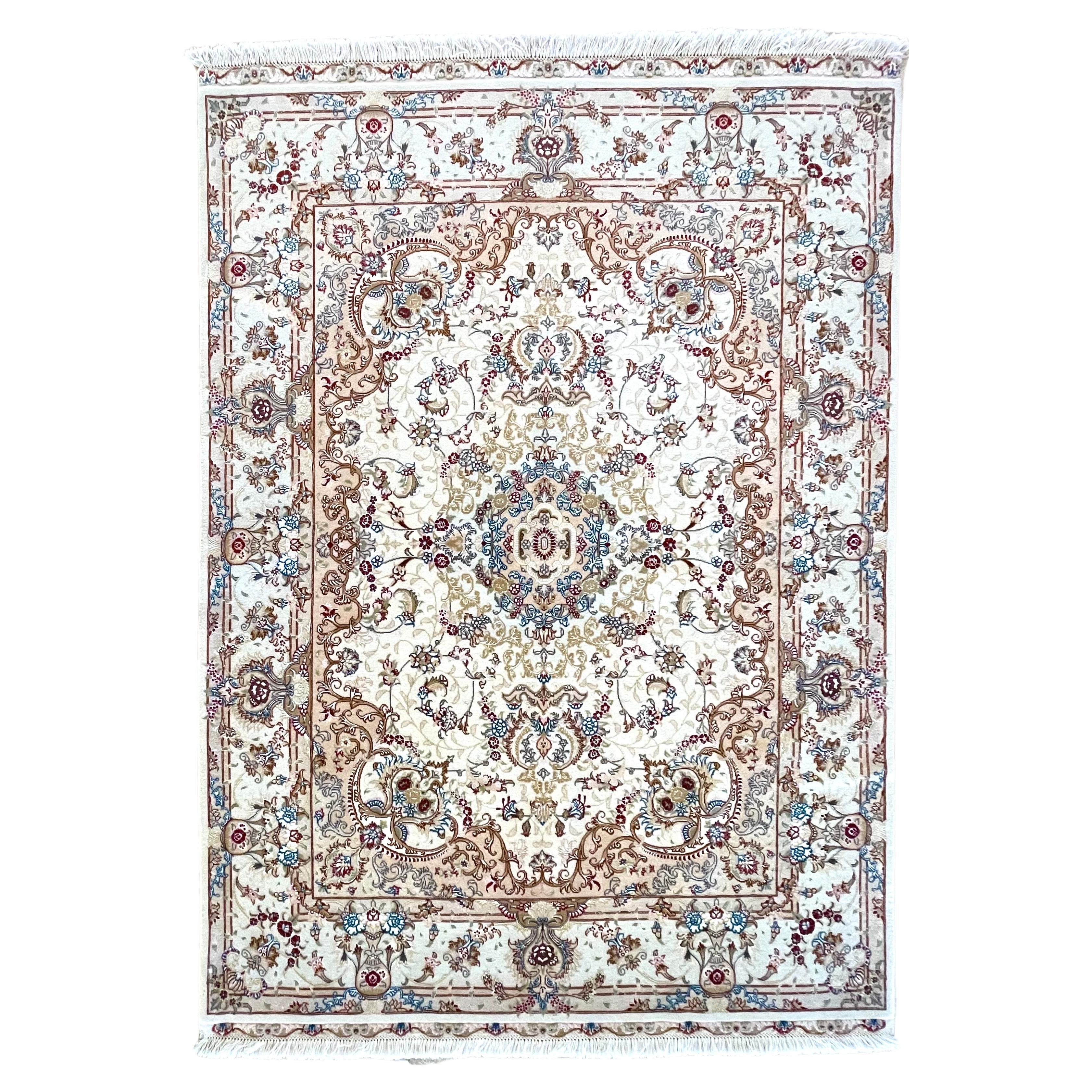 Authentic Persian Hand Knotted Medallion Floral Tabriz Rug For Sale