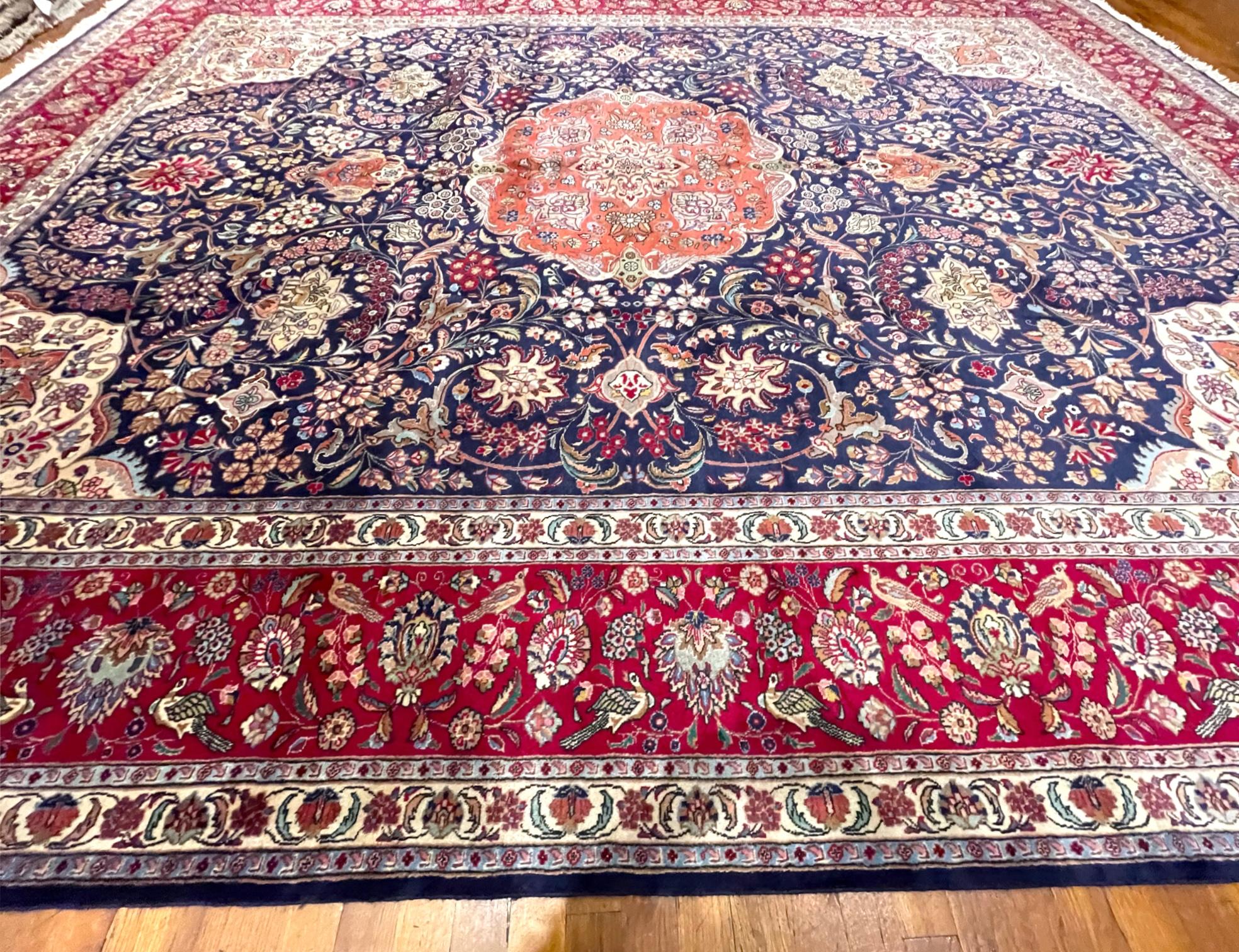 Authentic Persian Hand Knotted Medallion Semi Floral Blue Red Tabriz Rug 1960 Ci For Sale 6