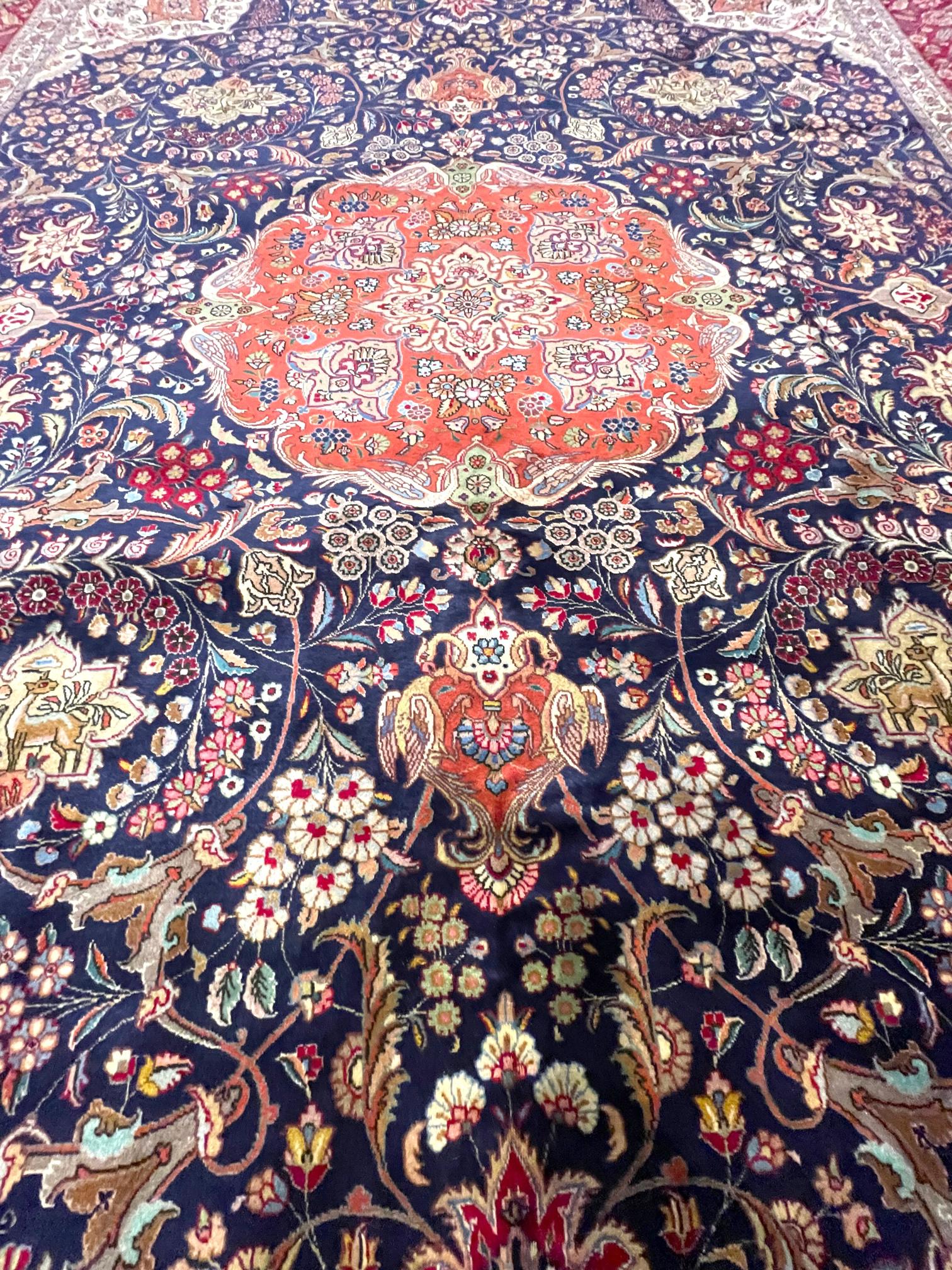 Mid-20th Century Authentic Persian Hand Knotted Medallion Semi Floral Blue Red Tabriz Rug 1960 Ci For Sale