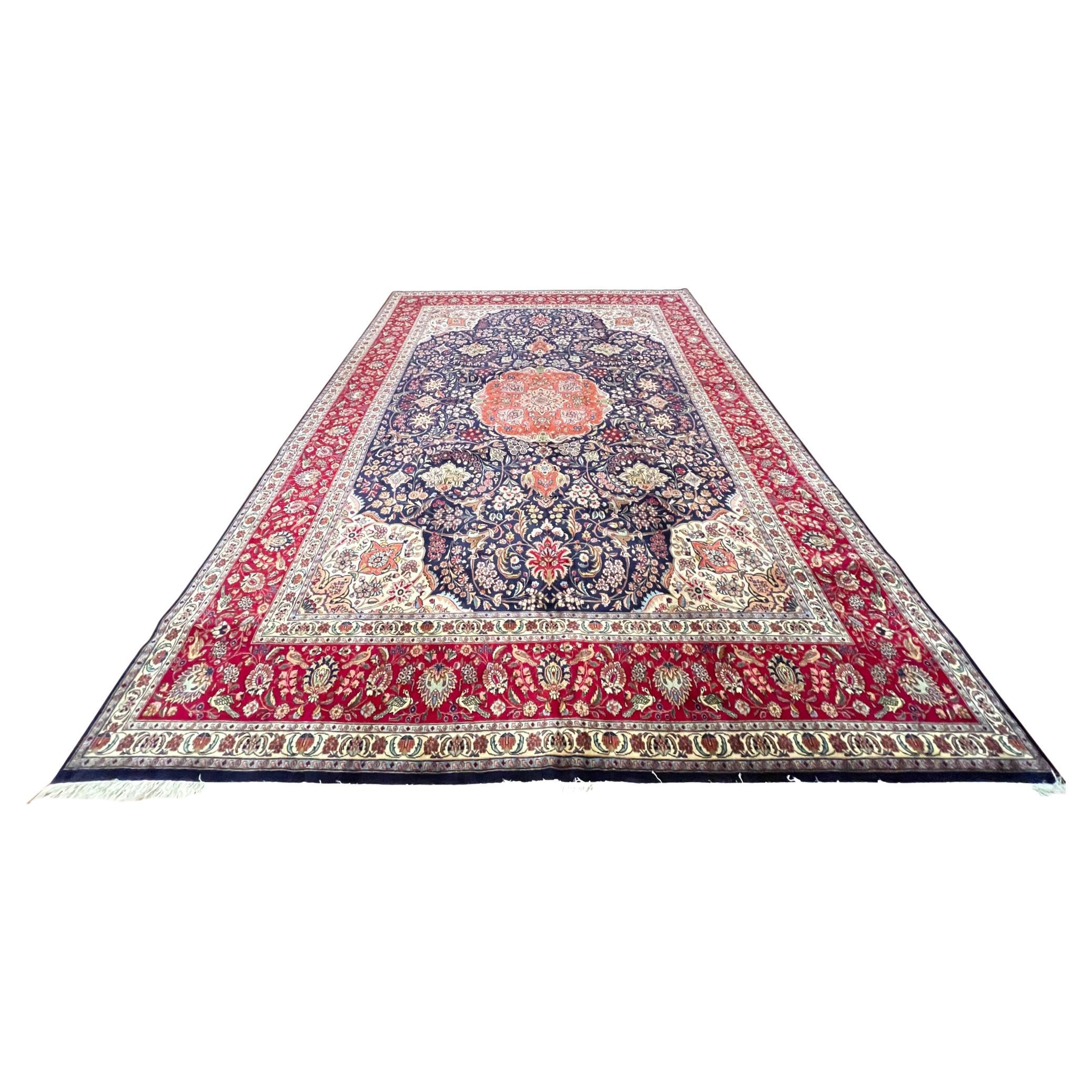 Authentic Persian Hand Knotted Medallion Semi Floral Blue Red Tabriz Rug 1960 Ci For Sale