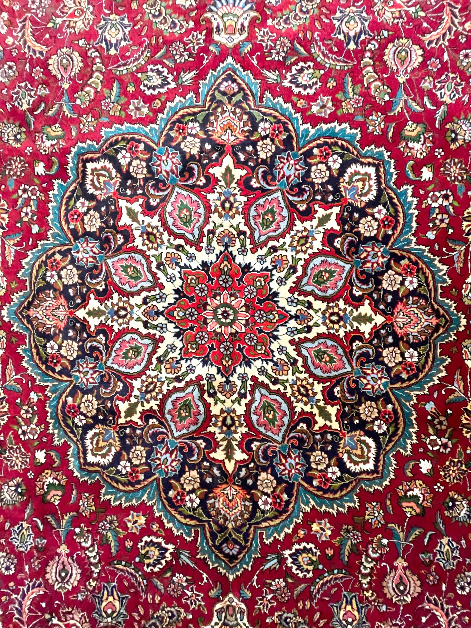 Hand-Knotted Authentic Persian Hand Knotted Medallion Semi Floral Tabriz Rug, 1970 Circa  For Sale