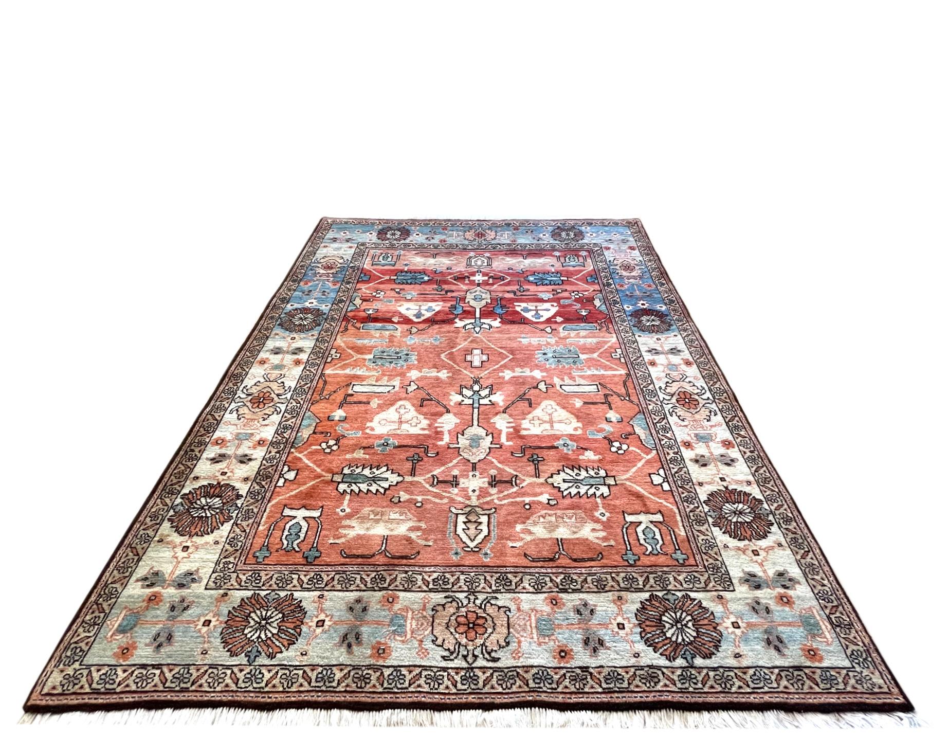 This Persian Tabriz-Heriz rug, Heriz rugs are Persian rugs from the area of Heriz, East Azerbaijan in northwest Iran, northeast of Tabriz. This rug has wool pile and cotton foundation, double hand knotted with an excellent condition. This rug has