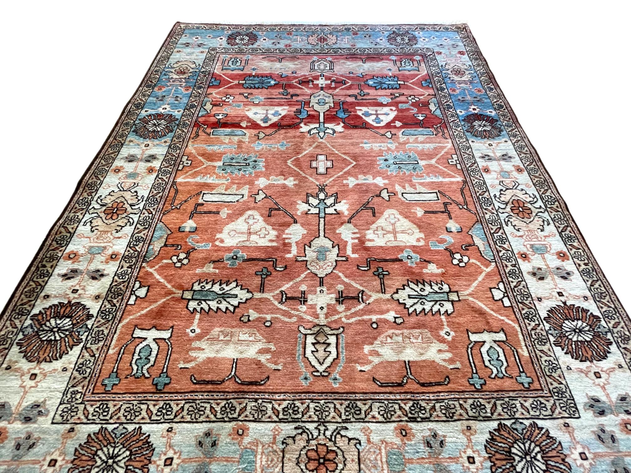 Hand-Knotted Authentic Persian Hand Knotted Orange Blue Geometric Heriz Rug, Circa 1990