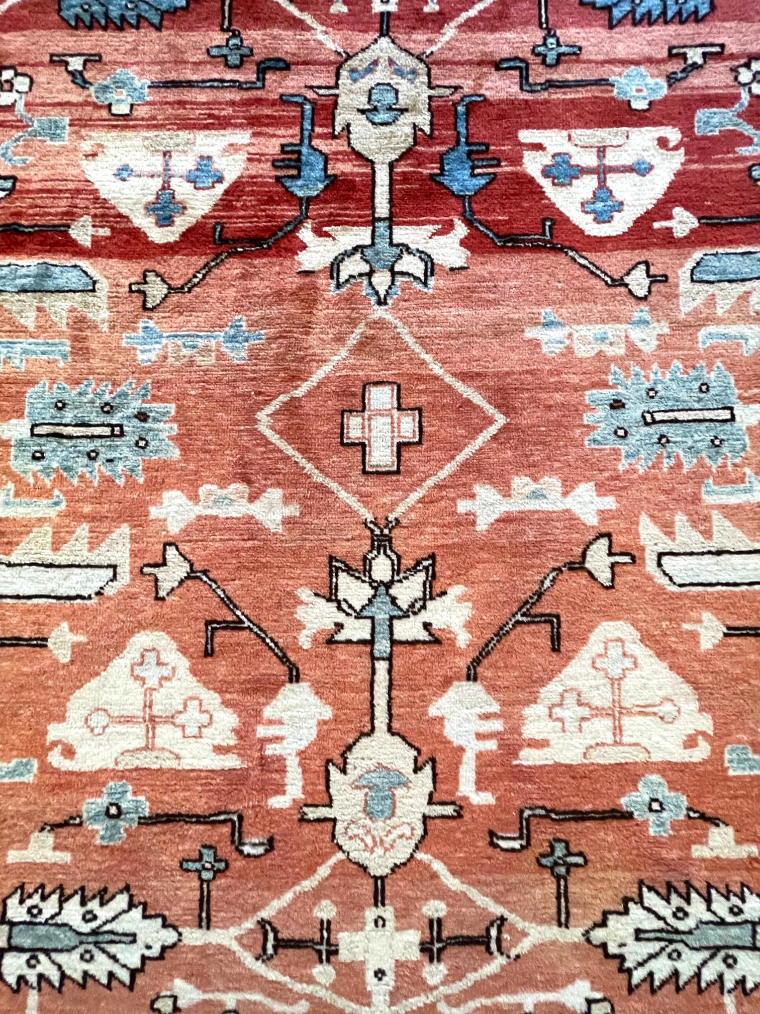 Authentic Persian Hand Knotted Orange Blue Geometric Heriz Rug, Circa 1990 In Good Condition In San Diego, CA
