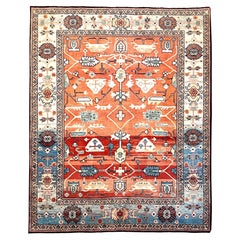 Authentic Persian Hand Knotted Orange Blue Geometric Heriz Rug, Circa 1990