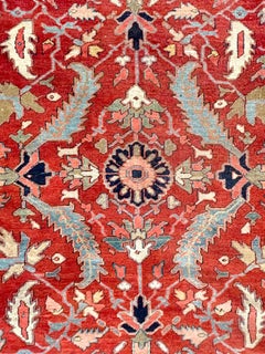 Authentic Persian Hand Knotted Orange Blue Semi Geometric Heriz Rug 1920 Circa