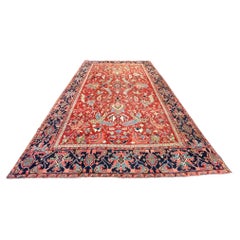 Authentic Persian Hand Knotted Orange Blue Semi Geometric Heriz Rug 1920 Circa