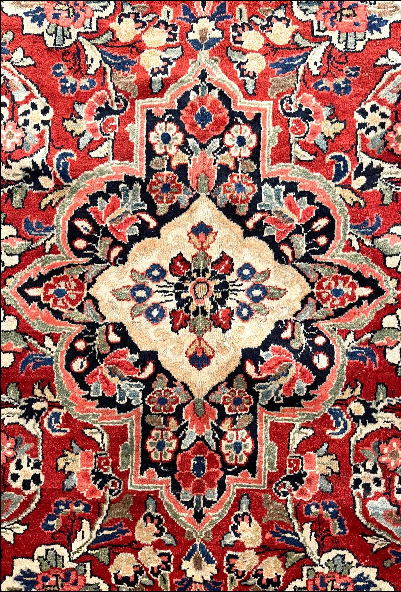 Hand-Knotted Authentic Persian Hand Knotted Red Floral Sarouk Mahal Rug, circa 1960 For Sale