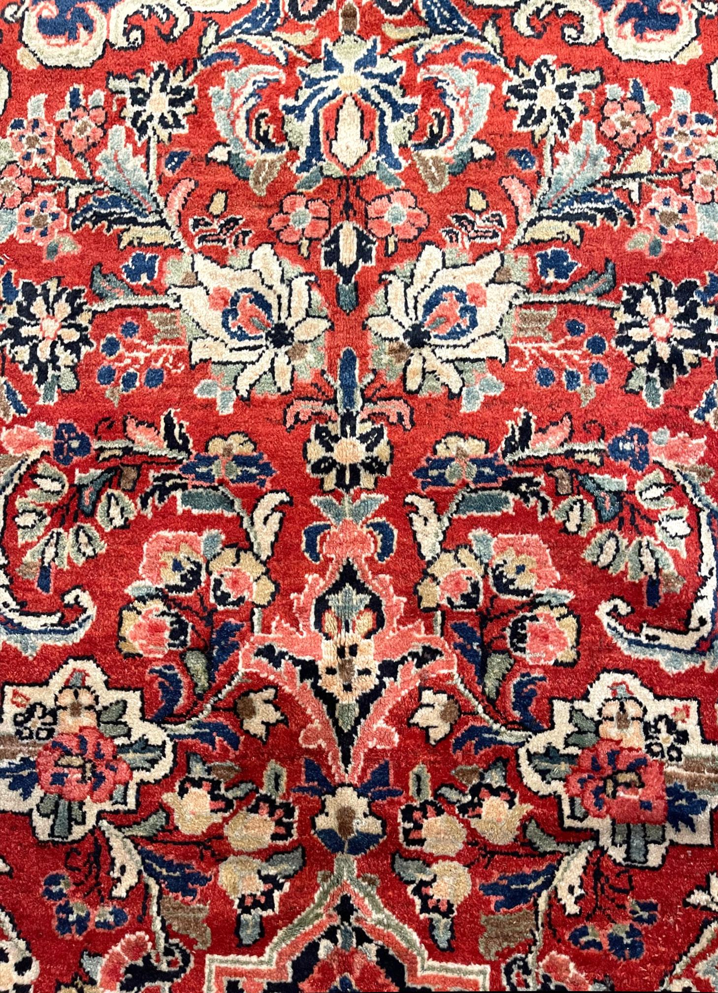 Mid-20th Century Authentic Persian Hand Knotted Red Floral Sarouk Mahal Rug, circa 1960 For Sale