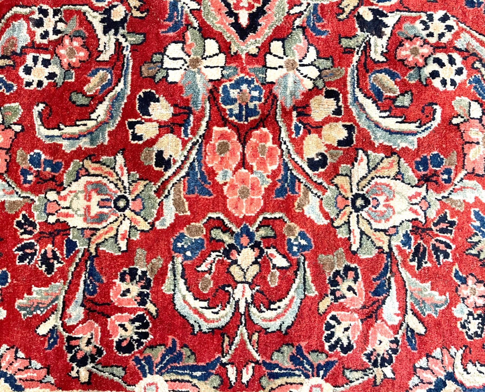Wool Authentic Persian Hand Knotted Red Floral Sarouk Mahal Rug, circa 1960 For Sale